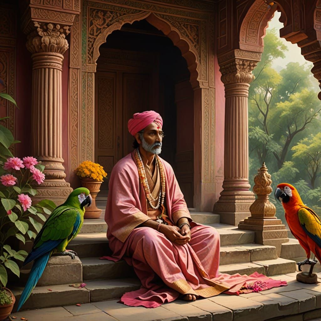 Serene Indian Temple Scene with Majestic Parrot in Soft Warm...