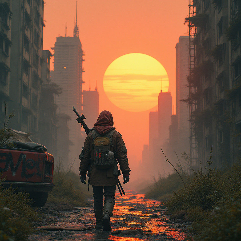 Post-Apocalyptic Survivor in Overgrown City, Matte Painting