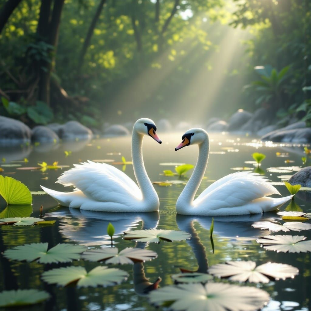 Swans on Misty Lake in Ethereal Style