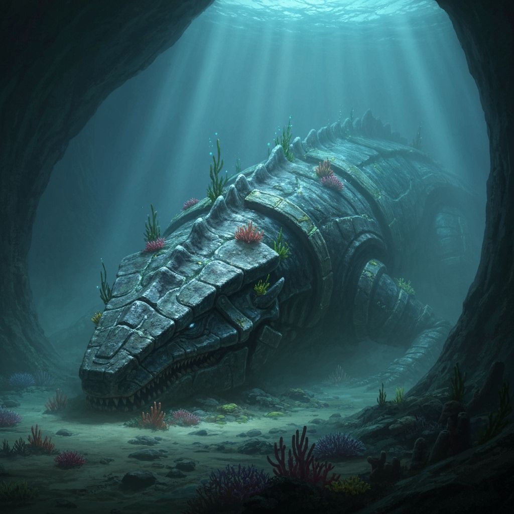 Dormant Leviathan in Bioluminescent Ocean Trench