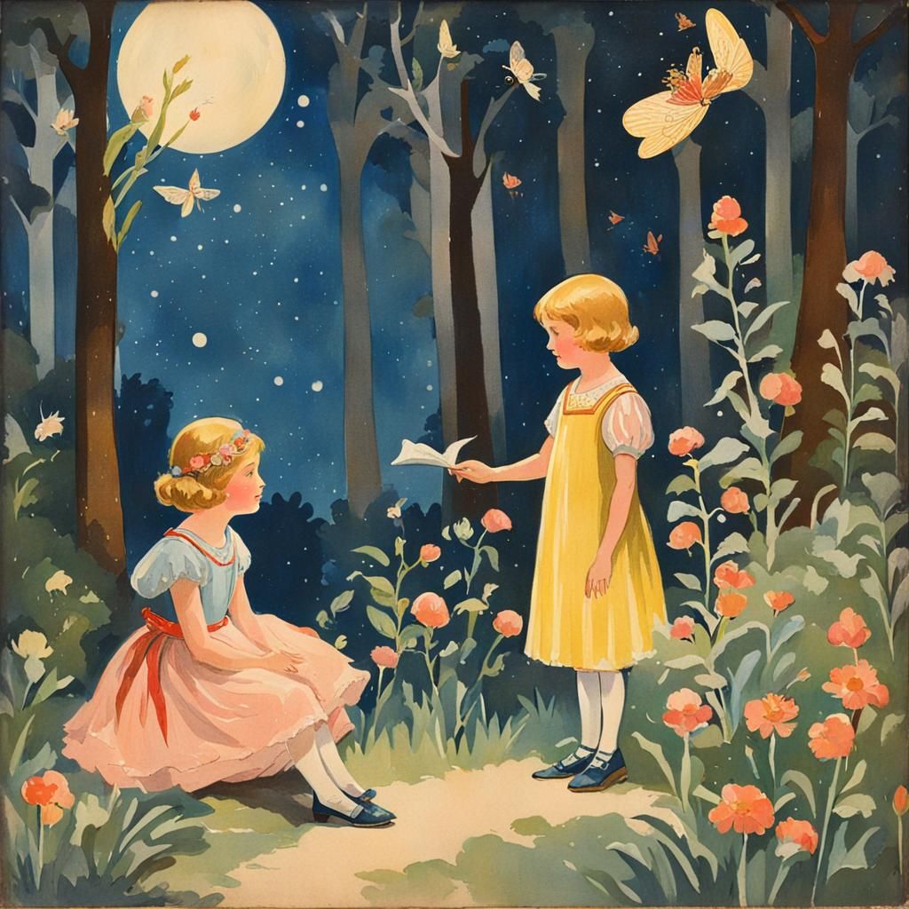 Girl with Fairy Godmother: 1920s Gouache Illustration