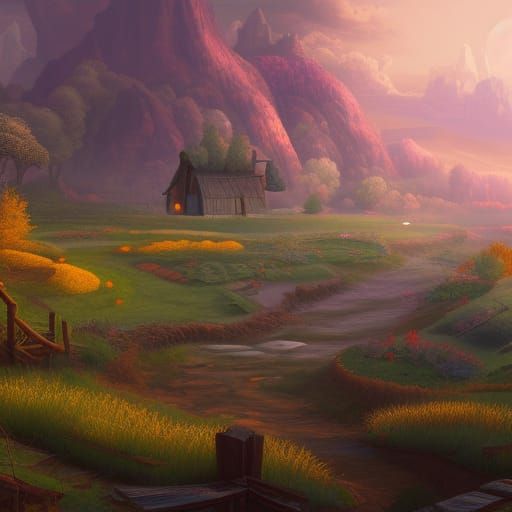 Detailed Farm Land Matte Painting in Deep Color