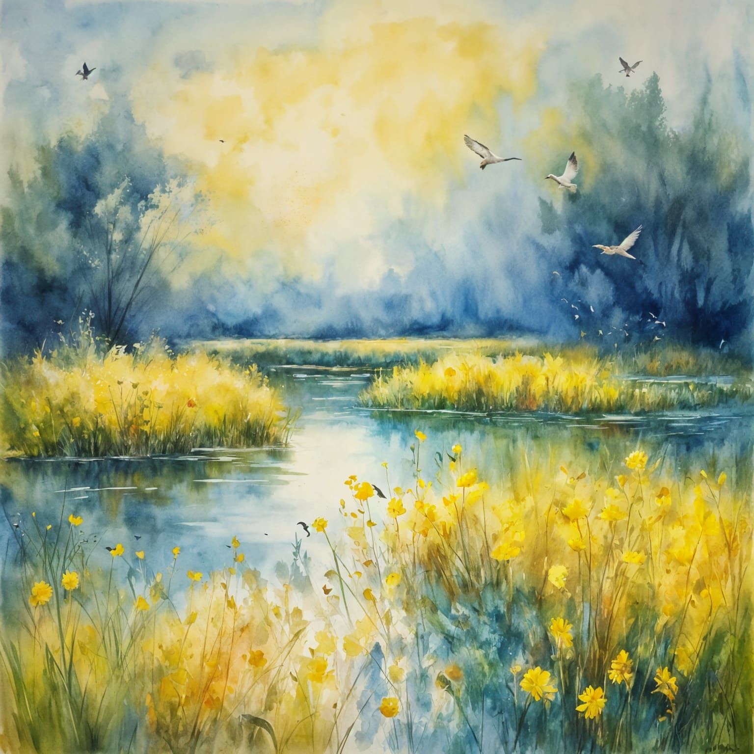 Vibrant Yellow Blue Marshland Scene in Whimsical Watercolor ...
