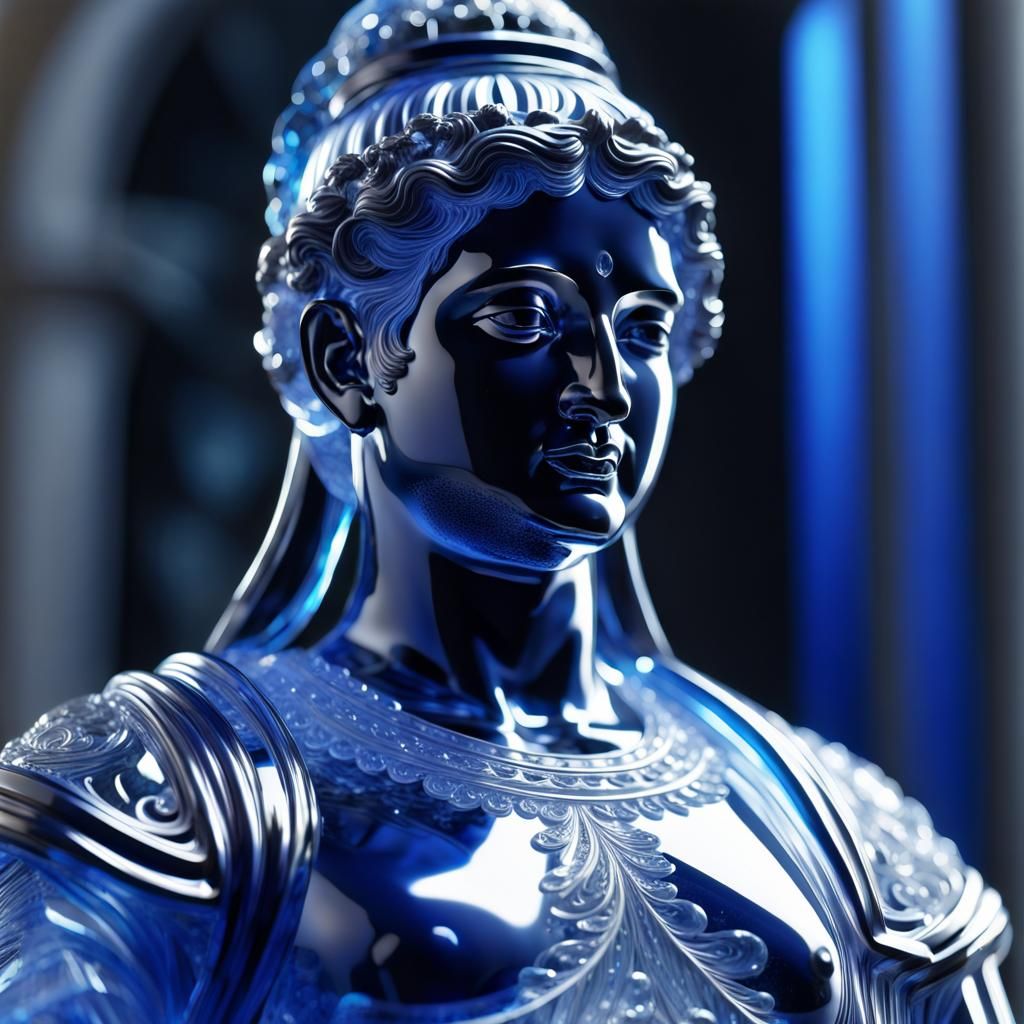 Elaborate Cobalt Glass Statue Carving in Macro Shot
