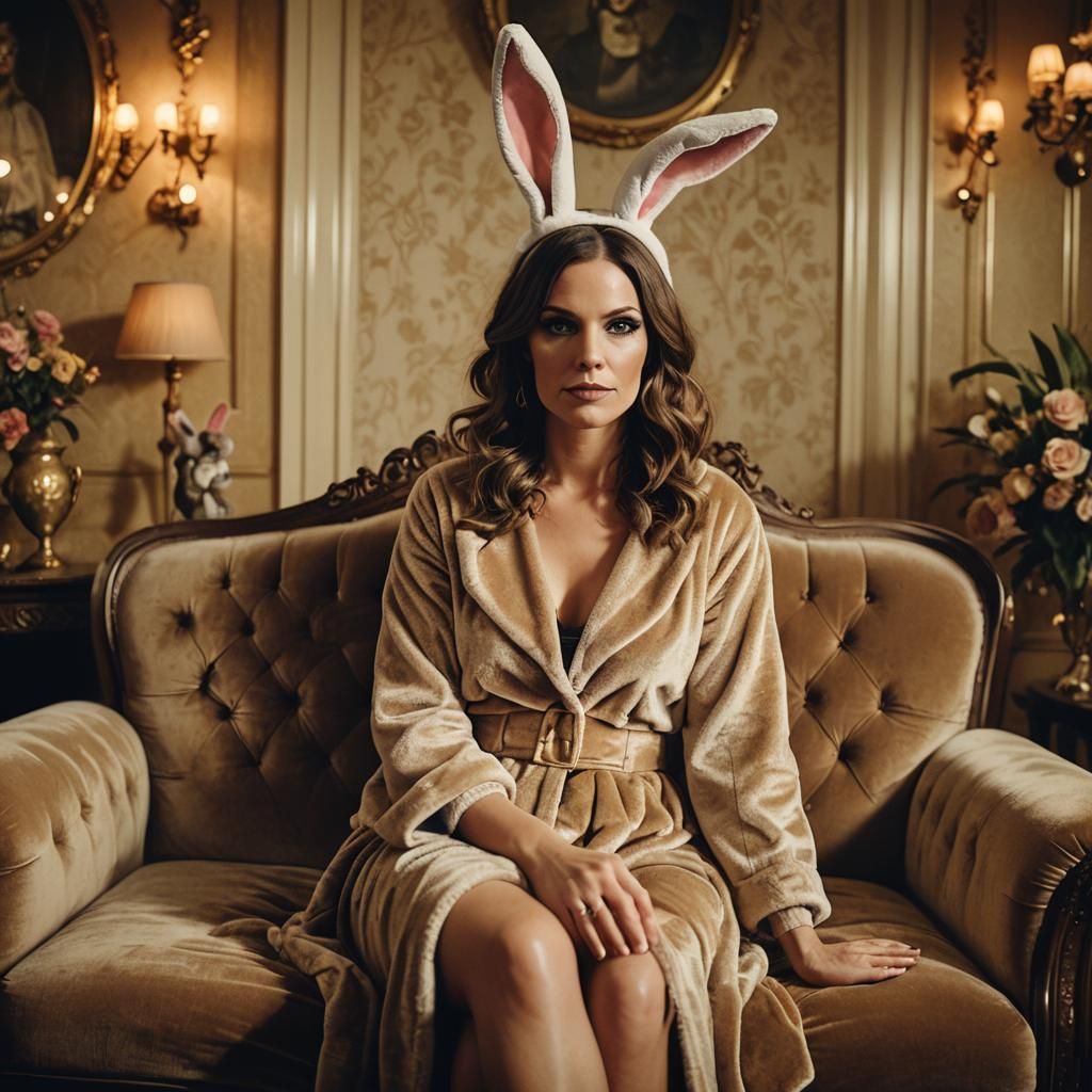 Luxurious Bunny on Velvet Couch: Cinematic Film Still