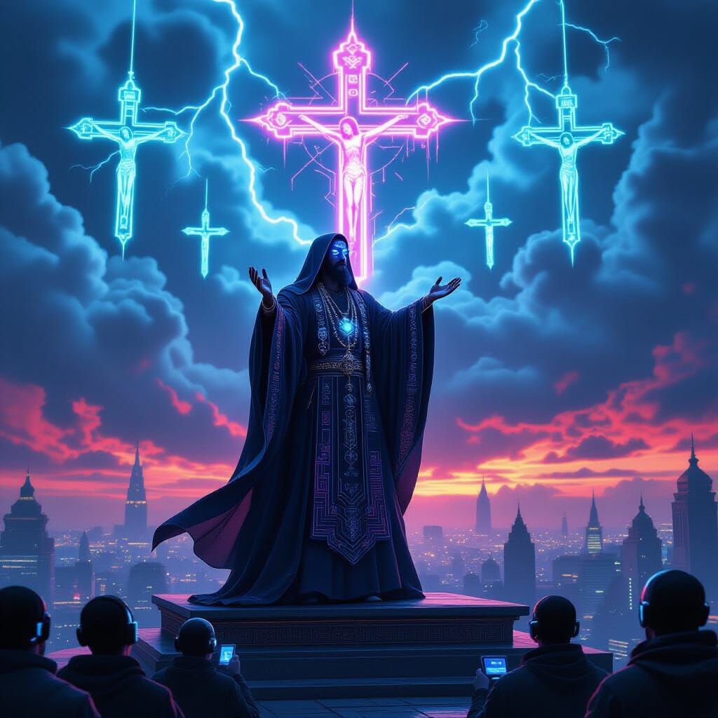 Cyberpunk Guru Preaching on Rooftop Altar