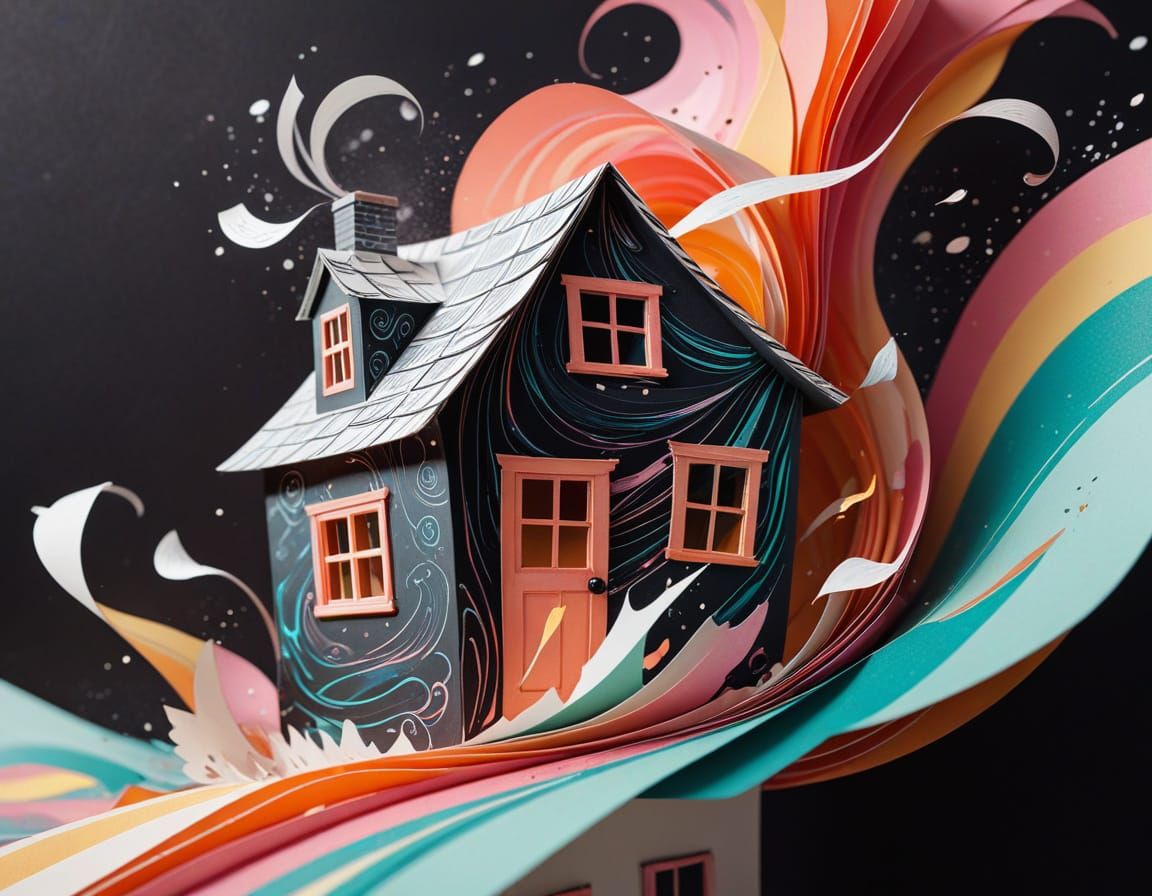 Whimsical Paper House Swept Away in Cartoon Wind