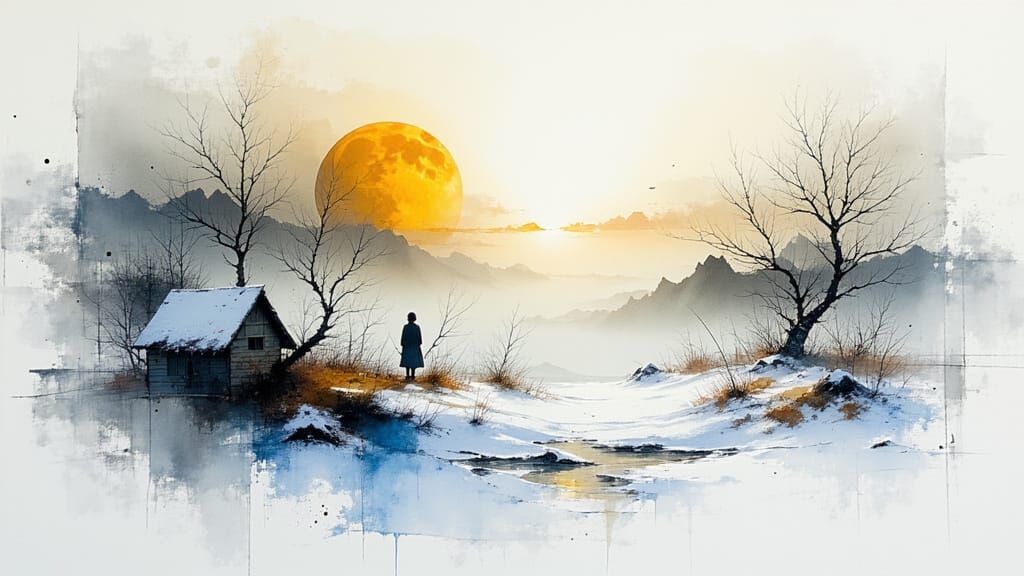 Winter Moon Rise in Chiaroscuro Watercolor