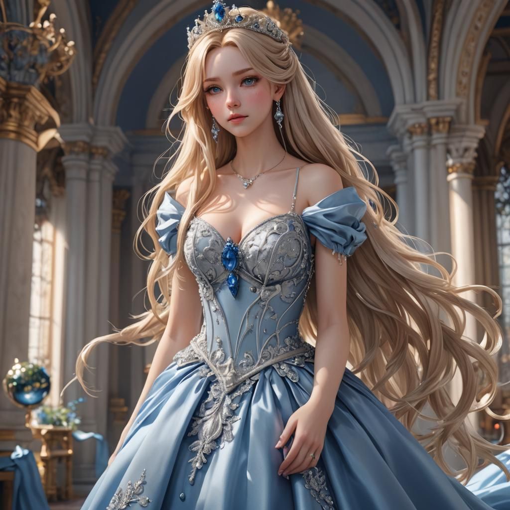 Blond Girl in Blue Gown: 3D Anime Art