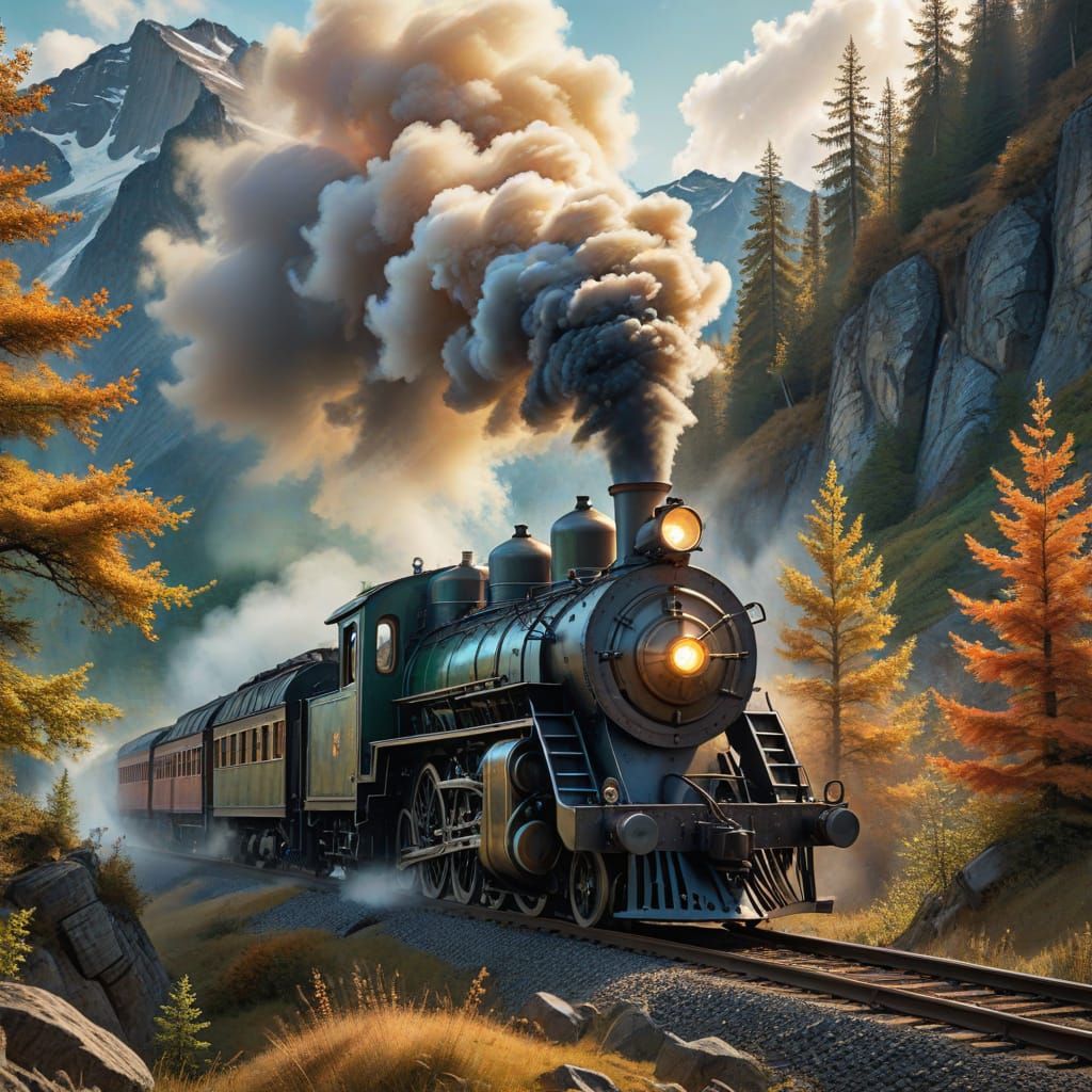 Vibrant Swiss Alps Train Scene in Impressionistic Watercolor