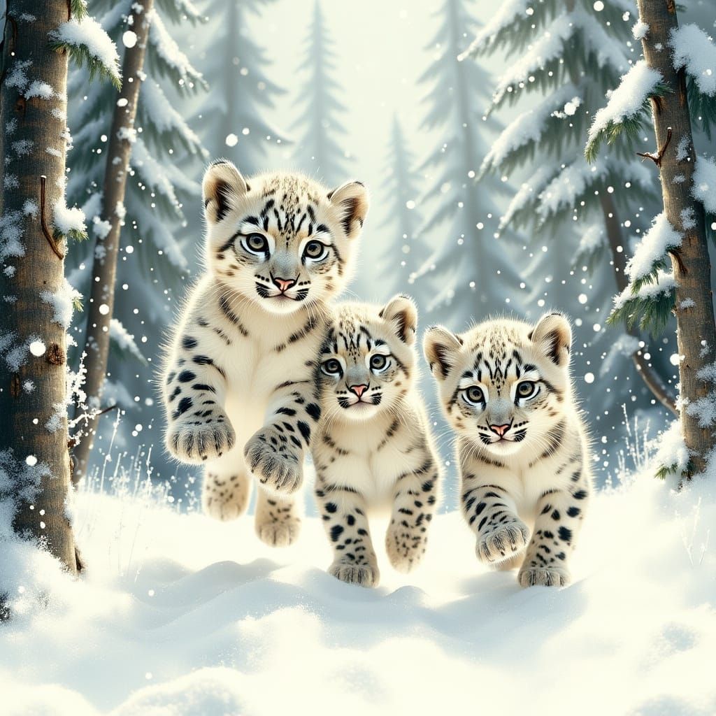 Adorable Snow Leopards Leap in Whimsical Winter Wonderland