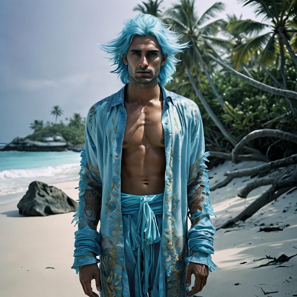 Blue Changeling Man on Coral Atoll Beach