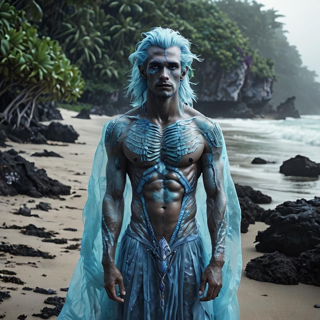 Epic Blue-Hued Human Figure Against Dreamy Coral Beach