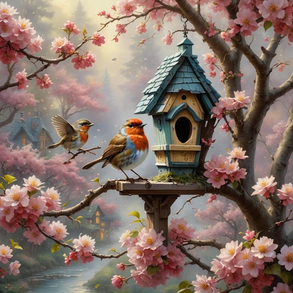 Fluffy Red Robin in a Flowering Tree