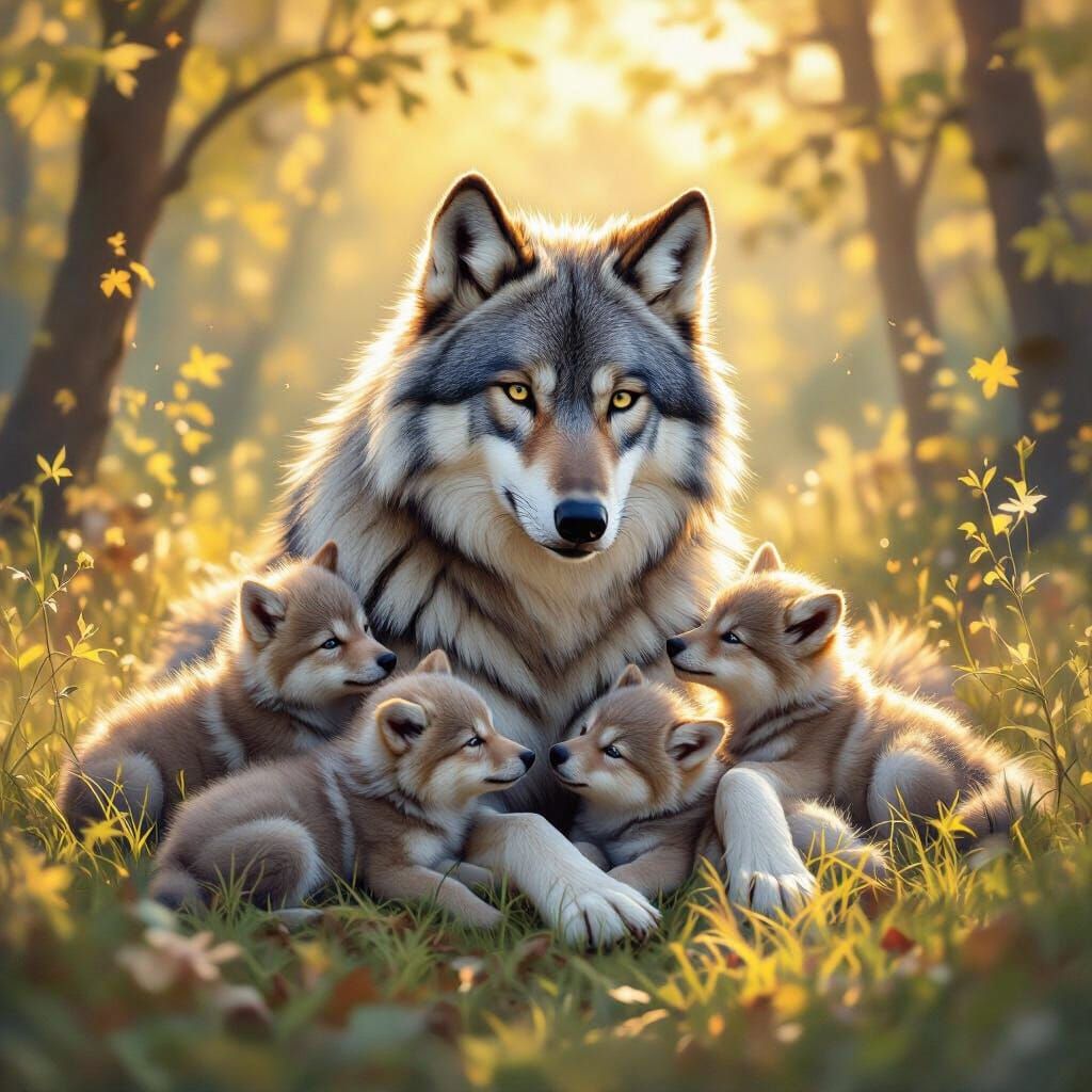 Regal Wolf With Playful Cubs in Sunlit Forest