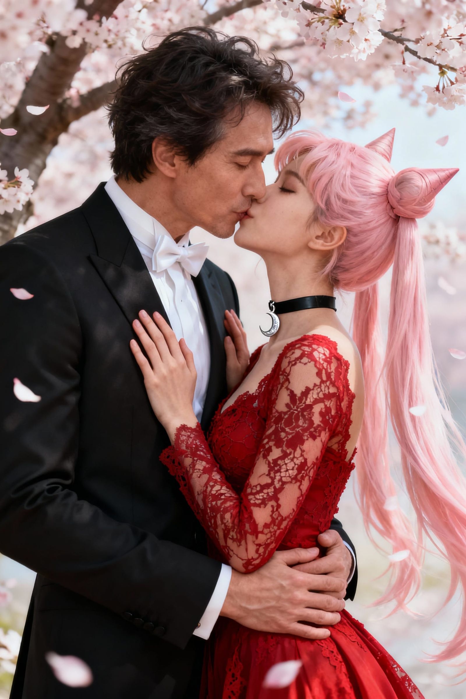 Passionate Kiss Under Cherry Blossoms