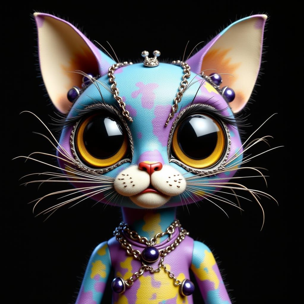 Retro-Futuristic Voodoo Kitten Doll with Obsidian Beads