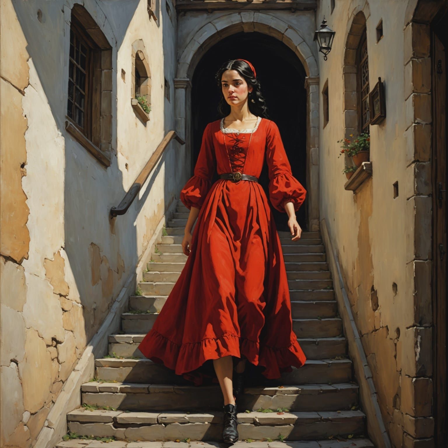 Medieval Girl Descends Stairs in Chiaroscuro Lighting