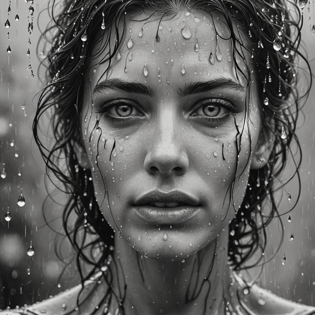 Monochrome Woman's Visage with Water Droplets