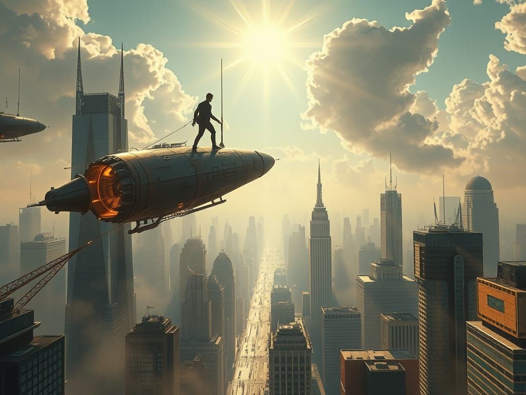 Cyberpunk Cityscape with Divine Beams and Steampunk Airship