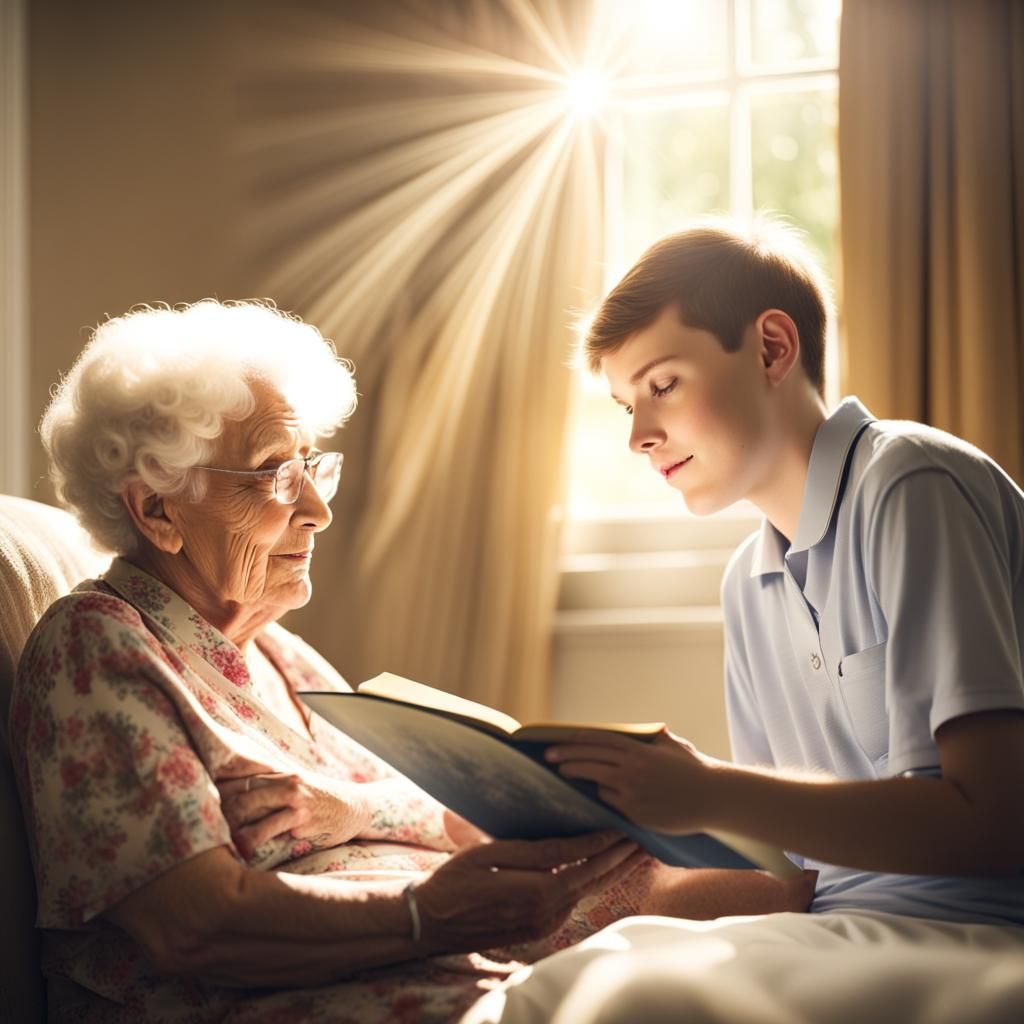 Touching Scene: Boy Reads to Elderly Lady