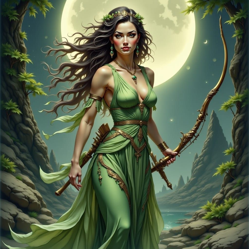 Goddess Artemis Hunts Under Crescent Moonlight