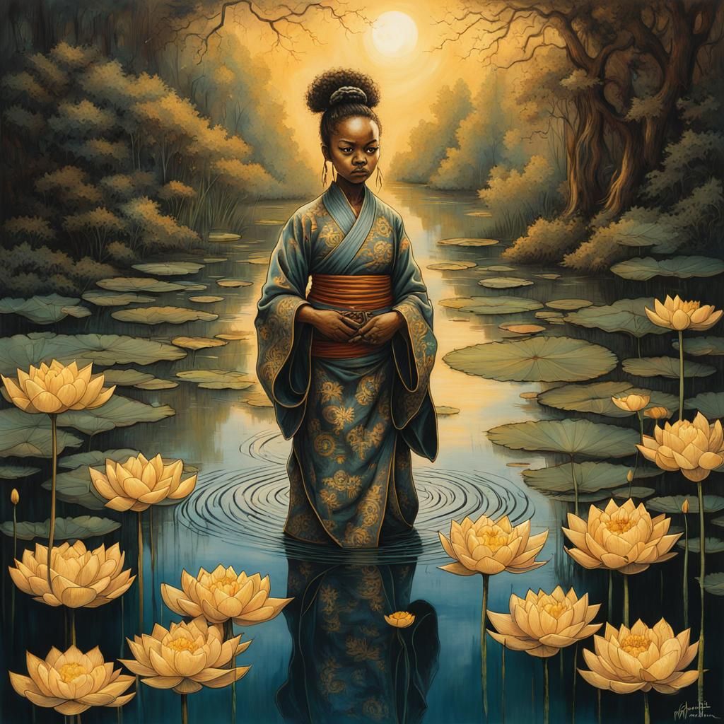 Bioluminescent Shaolin Monk on Lotus Pond