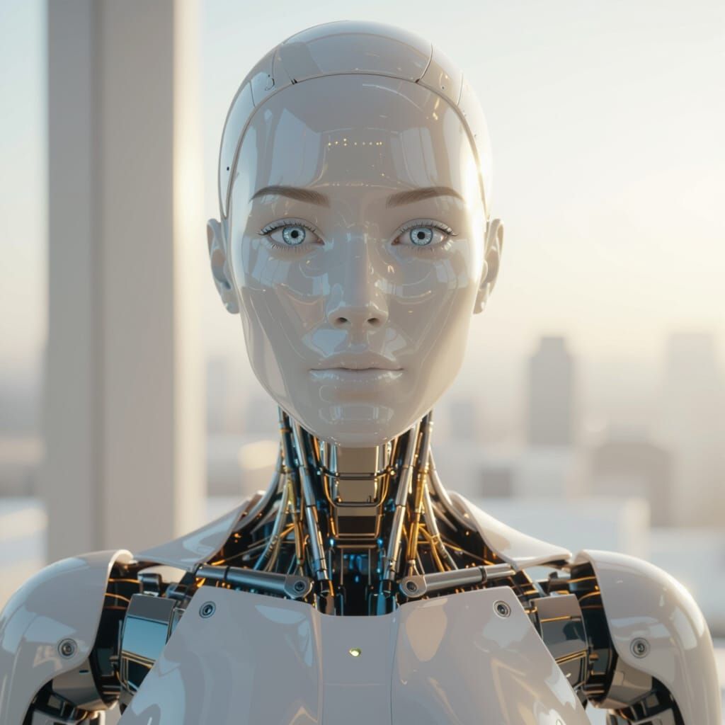 A hyper-realistic, 8K cinematic close-up of a next-generation "Physical AI" humanoid assistant in 2026. The android feat...