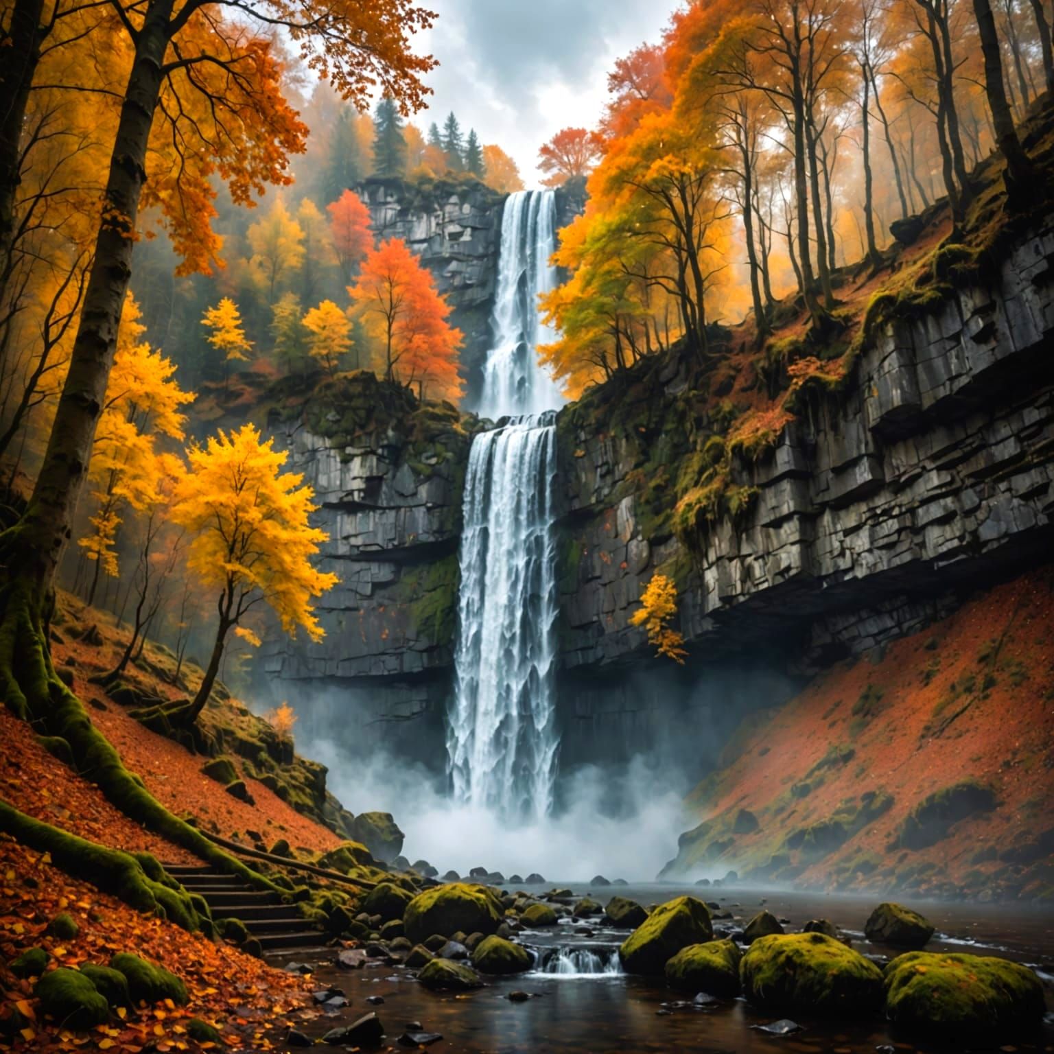 Misty Autumn Waterfall in Forest, Digital Matte Painting
