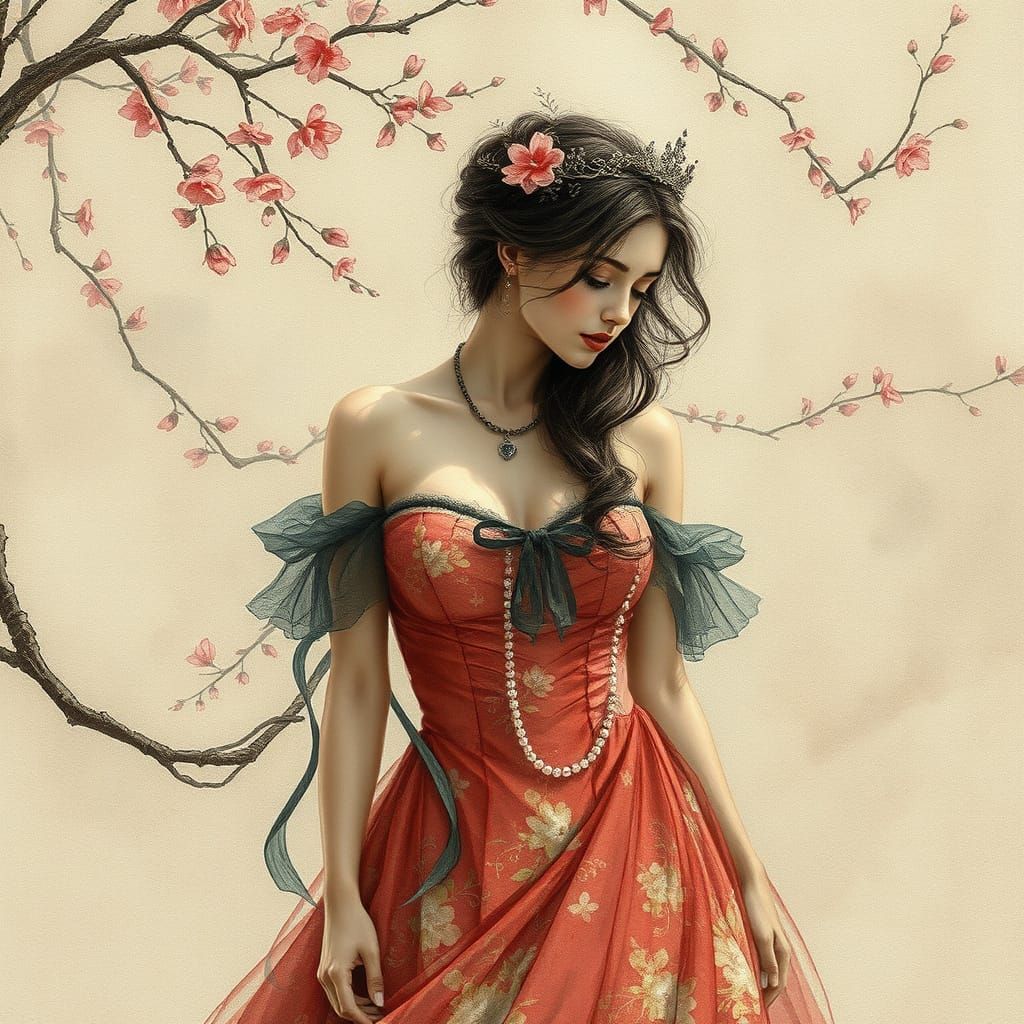 Surreal Cyber Princess in Vintage Watercolor Style