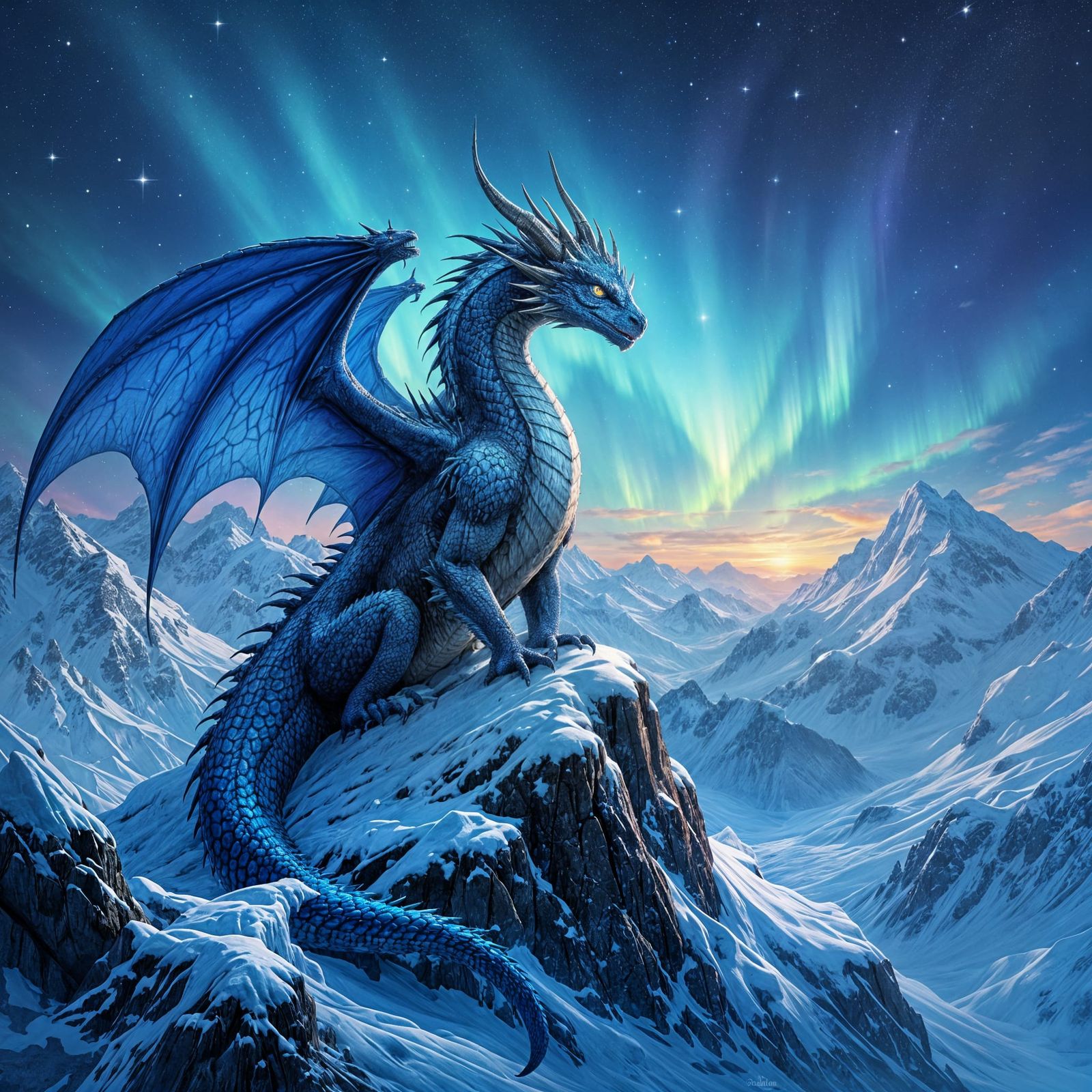 Majestic Blue Dragon Over Frozen Landscape