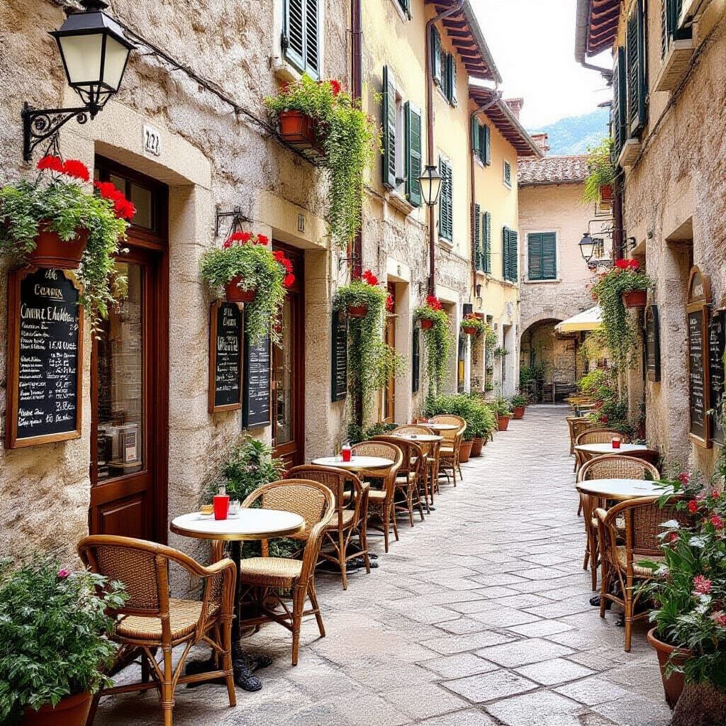Espresso at Quaint Italian Cafe with Potted Plants