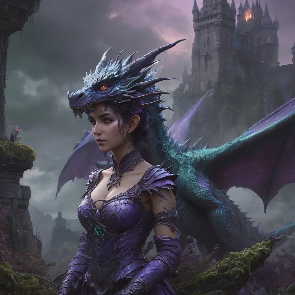 Evil Mist Dragon Stares at Elf Maiden in Fantasy Art