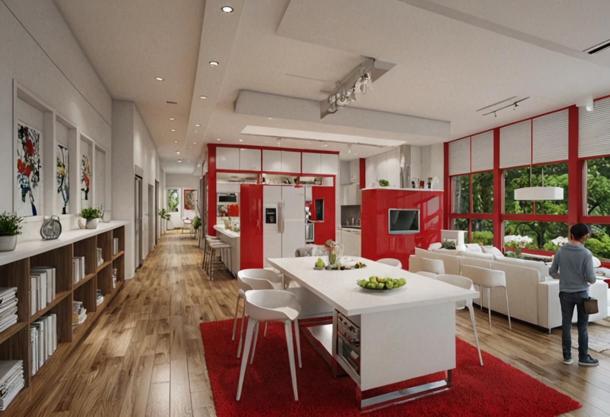 Photorealistic Open-Plan Living Space with Red Accents