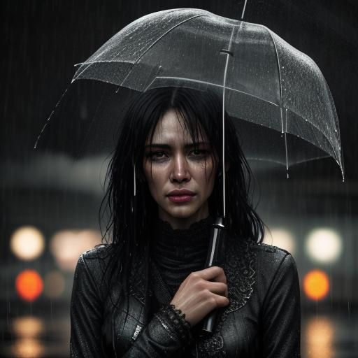 Hyperrealistic Girl Crying in Rainy Cinematic Scene