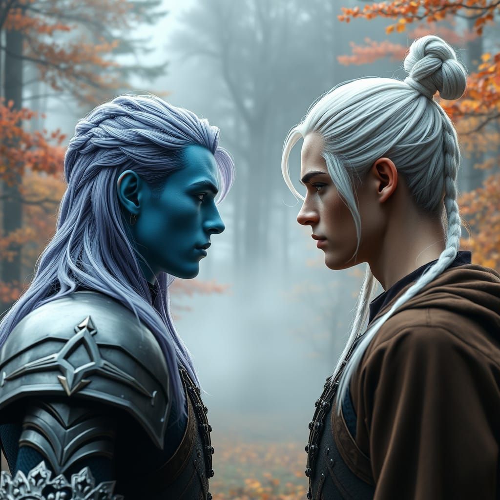 Two Handsome Warriors Engage in a Fierce Gaze in a Vibrant A...