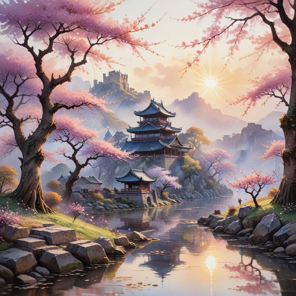 Ethereal Cherry Blossom Dreamscapes in Watercolor Style
