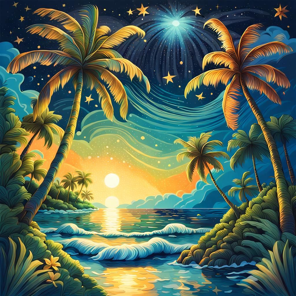 Tropical Paradise: Starry Night Reflections in Digital Art
