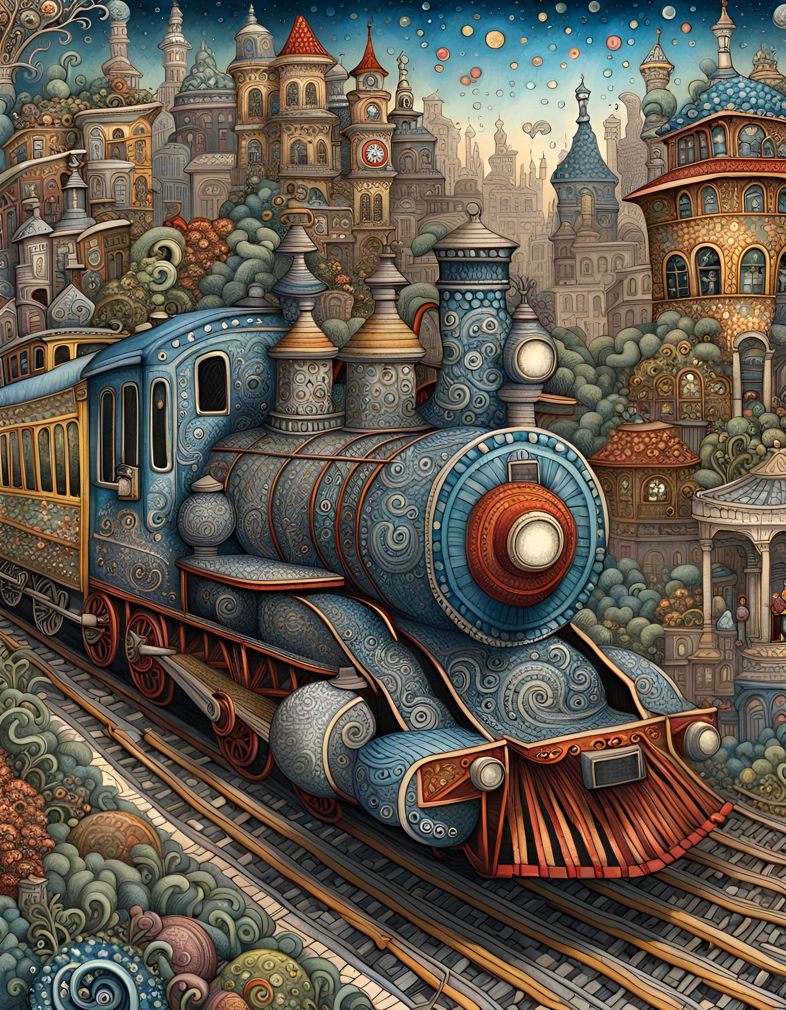 Intricate Zentangle Train in Cityscape