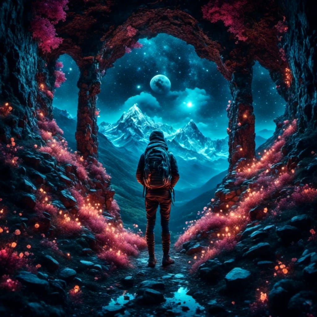 Dreamy Dark: Young Traveler Under Night Sparkle