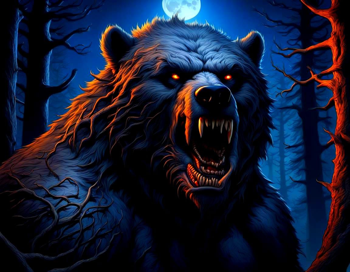 Violent Werebear in Dark Forest Horror Masterpiece