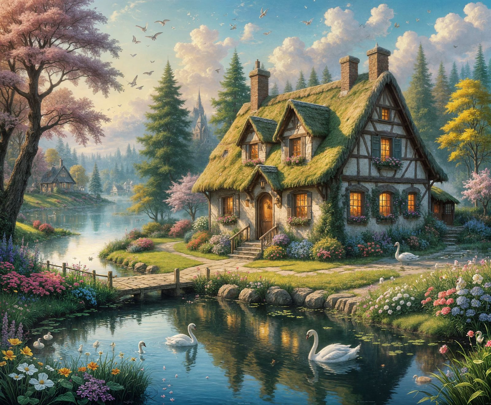 Romantic Lakeside Cottage with Swans in Ethereal Style