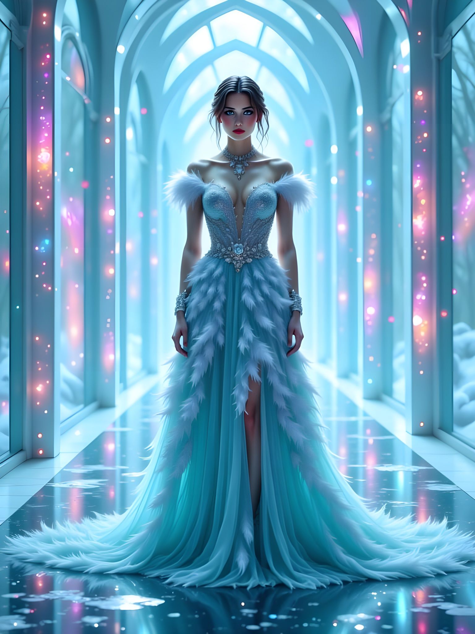 <lora:PandorasBox:1.0> A model standing inside an iridescent glass hall, framed by towering frosted glass walls glowing ...