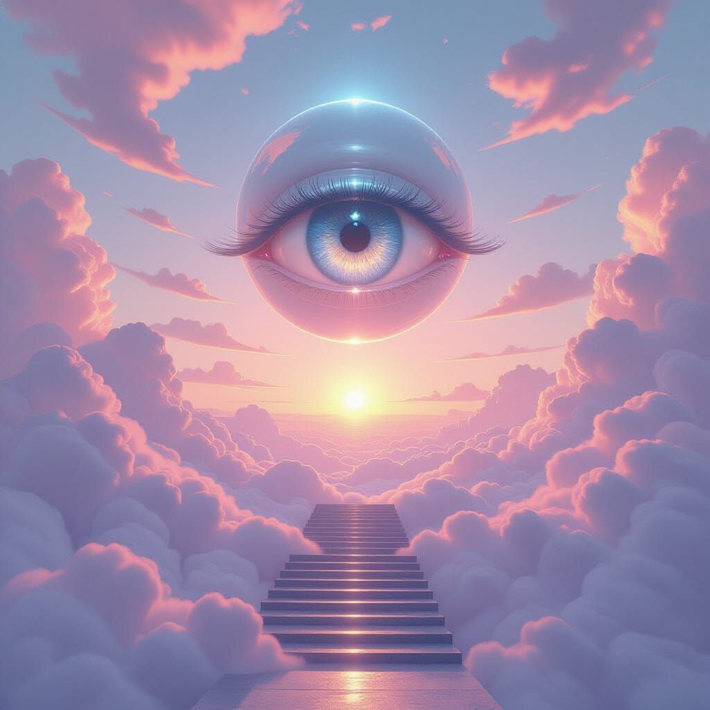Surreal Eye Over Cloud Staircase in Dreamlike Double Exposur...