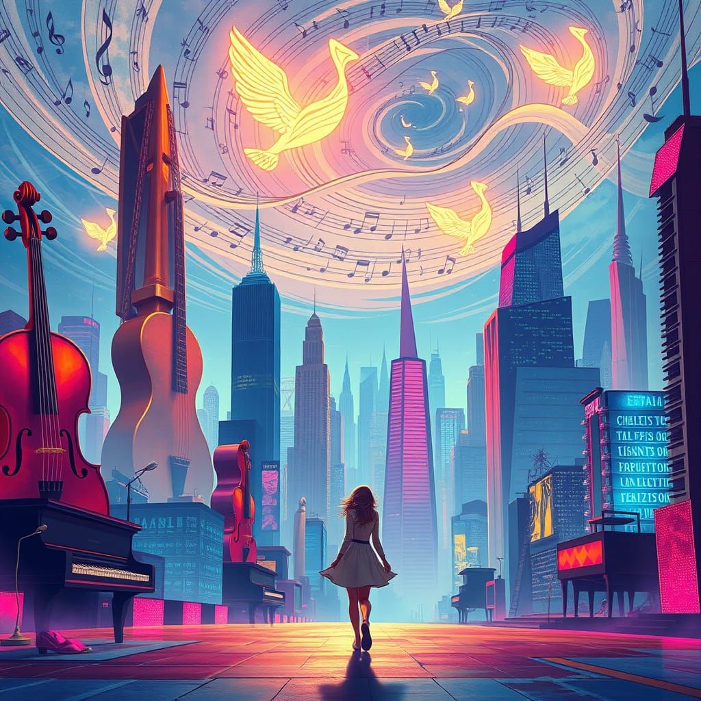 Surreal Musical Cityscape with Glowing Notes