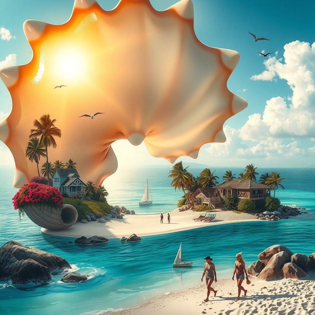 Tropical Oasis Inside Conch Shell: Surreal Digital Art