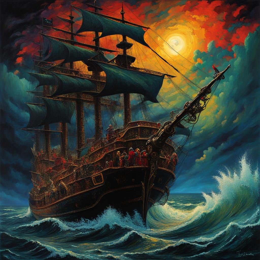 Gothic Pirate on Haunted Ship, Expressionist Oil Painting