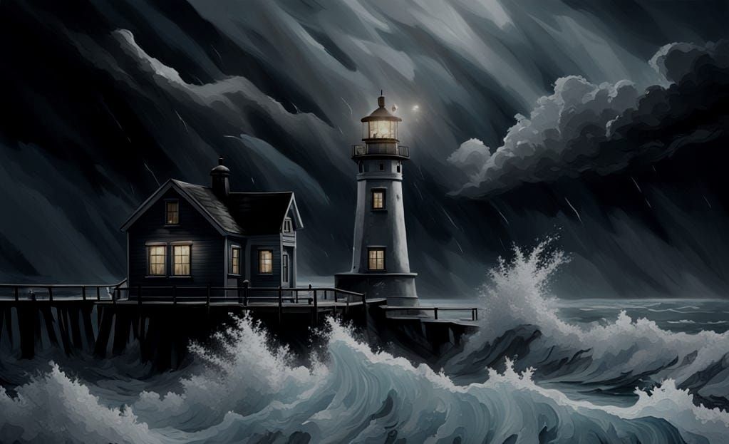 Hyper-Realistic Lighthouse on Jetty During Storm