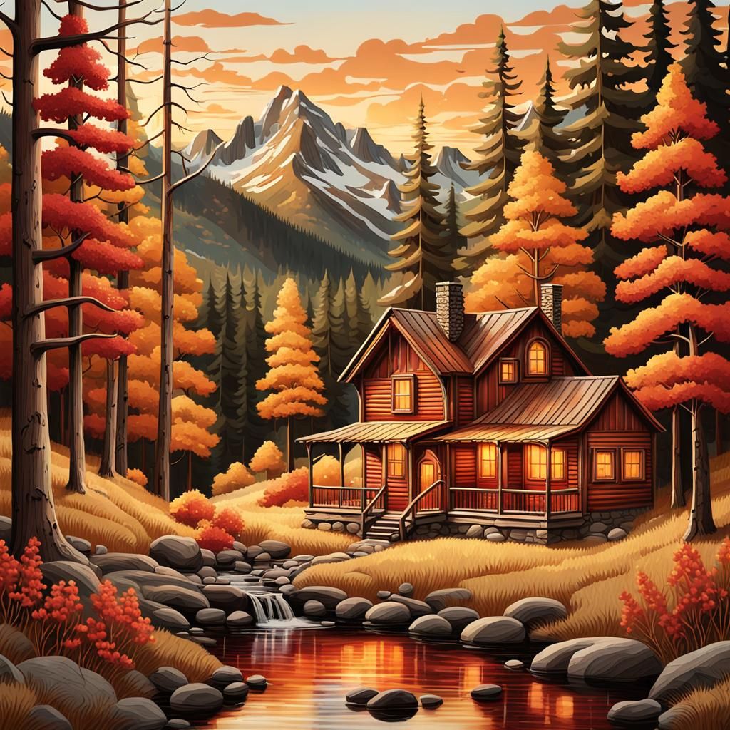 Rustic Cabins in Woodland Folk Art Style