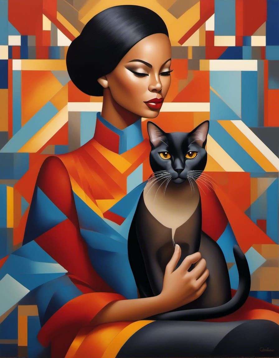 Woman with Burmese Cat: Geometric Abstract Portrait